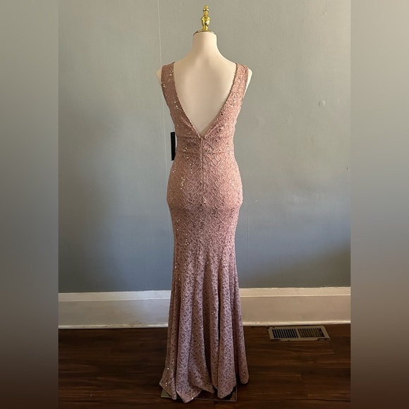 La Scala Brown Sequin and Lace Embellished Plunge Maxi Gown | Size: M - Picture 2 of 2